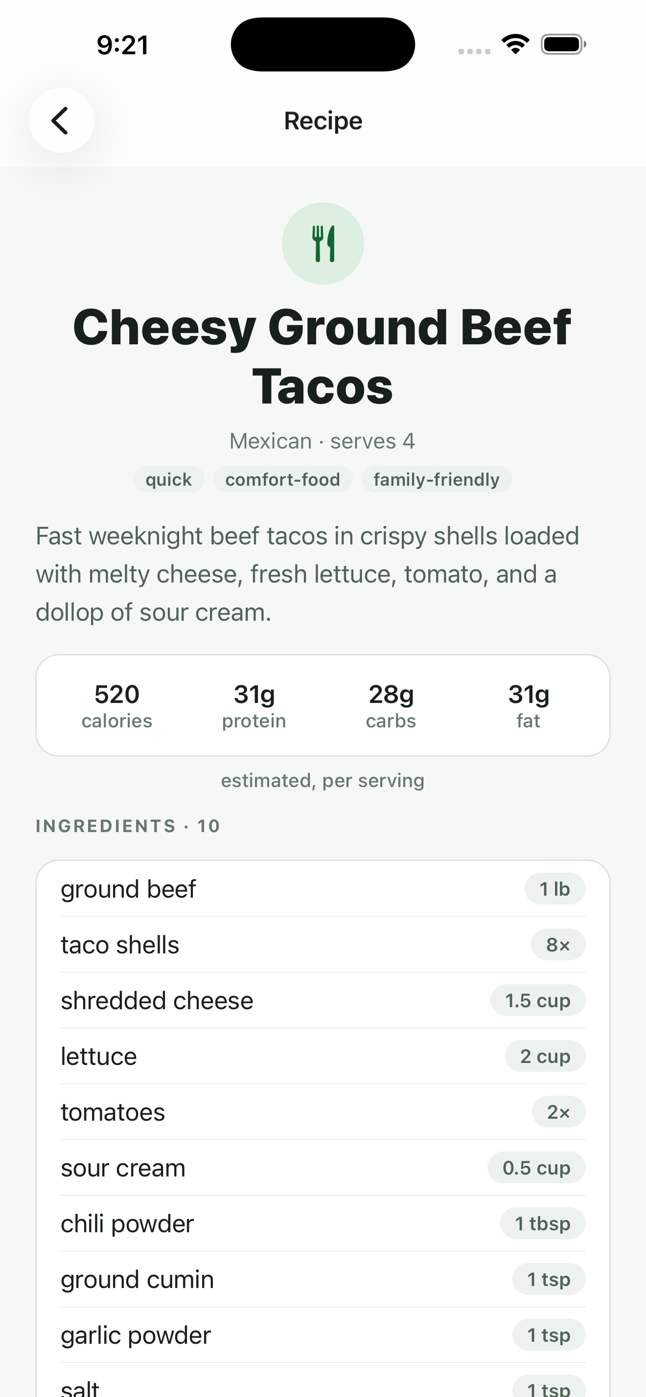 Generated recipe with per-serving nutrition estimates